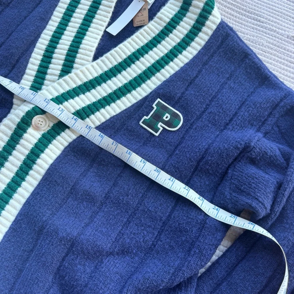 PINK VS Varsity Cardigan Blue Plaid Stripe Cozy Preppy XL NWT